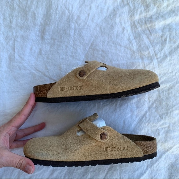 Birkenstock Boston Suede Leather Clog Slip Ons Shoes Latte Cream - Picture 4 of 9
